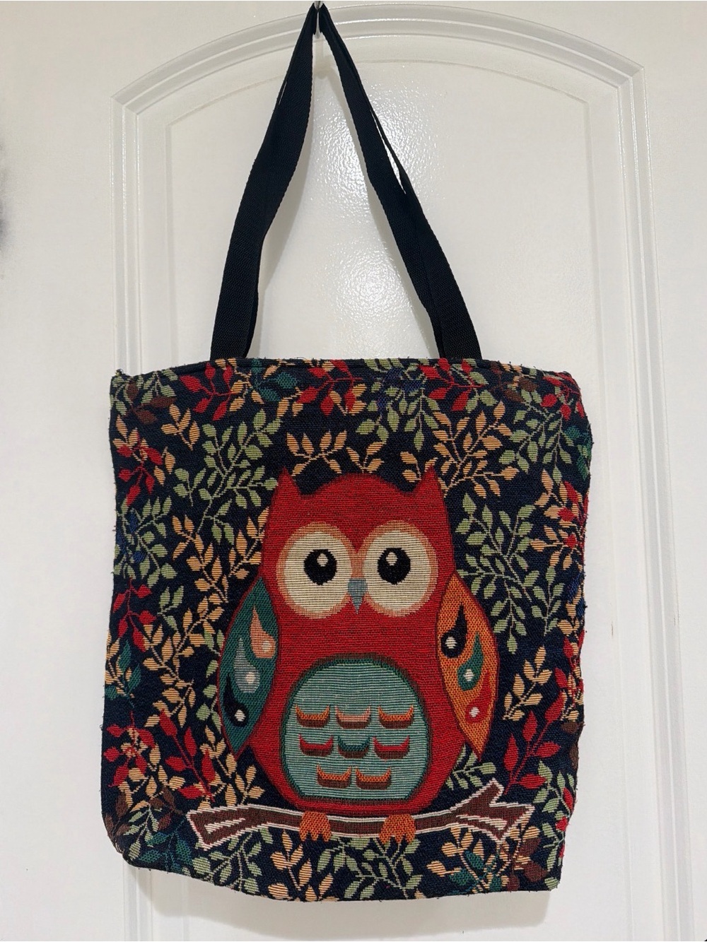 Multicolor Owl Tapestry Tote Bag with Black Straps